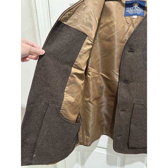 Galazan Brown Herringbone Tweed Wool Vest Leather Shoulder Patches Mens Size 54 - Picture 4 of 9